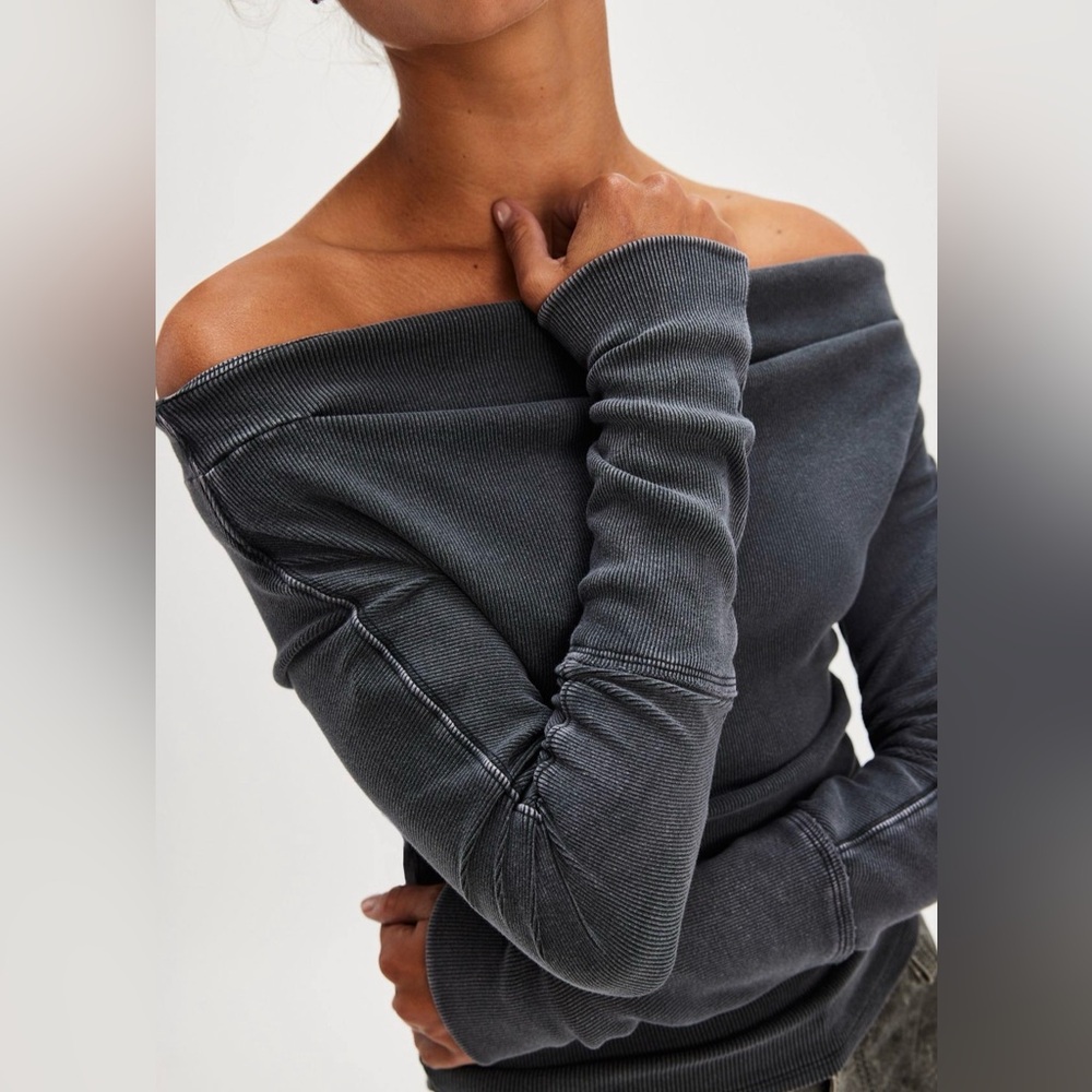 Free People Off-Shoulder Long Sleeve Top in Charcoal Gray